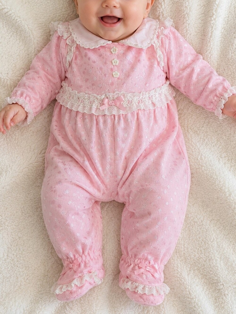 Vintage 80s 90s L’Angel Baby Girls Pink Lace Footed Sleeper 15-22 lbs 6-12M